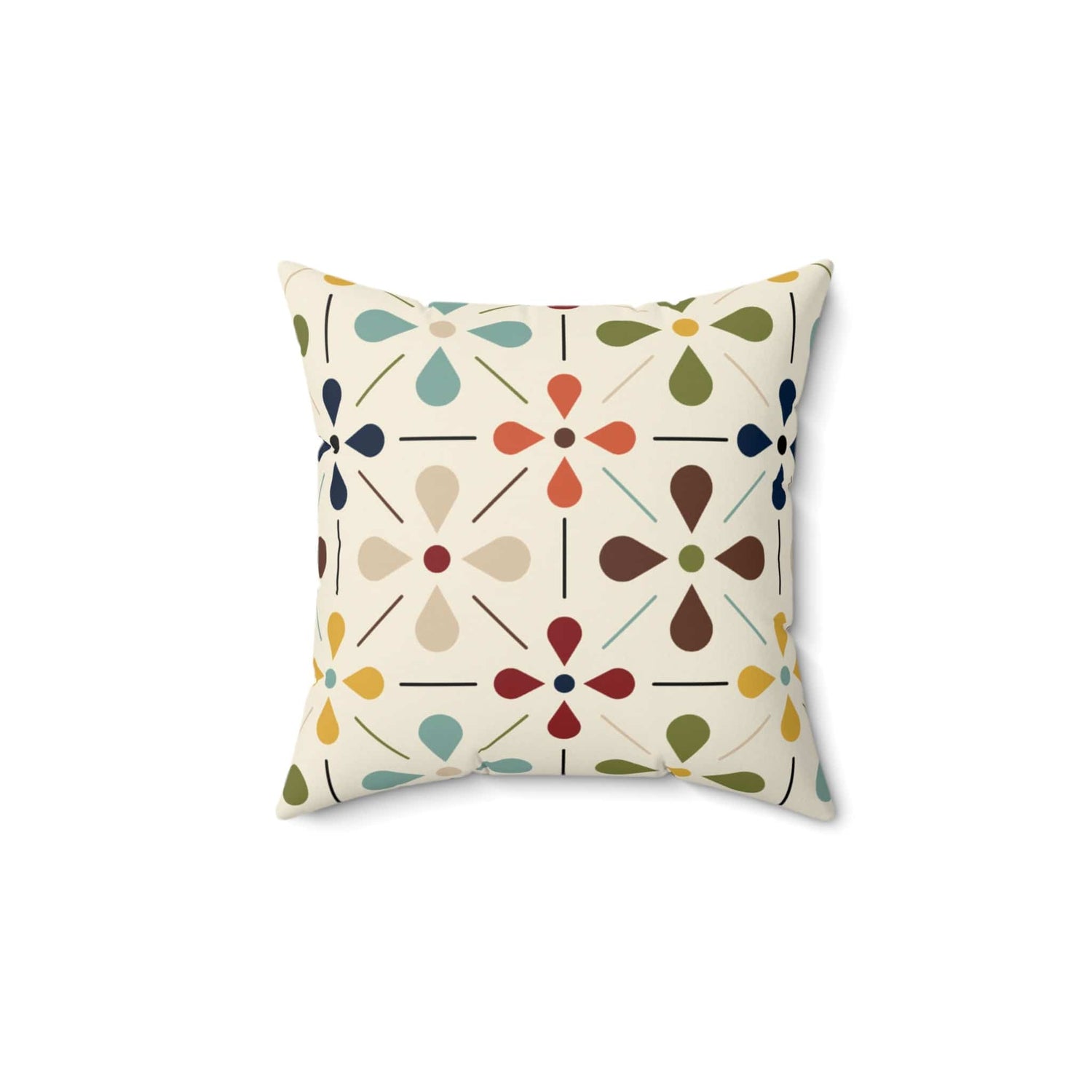 Mid Century Modern, Scandinavian Flower, Modern Danish, Beige, Yellow, Green, Orange, Brown, Aqua, MCM Bedroom Pillow And Insert Home Decor 14&quot; × 14&quot;