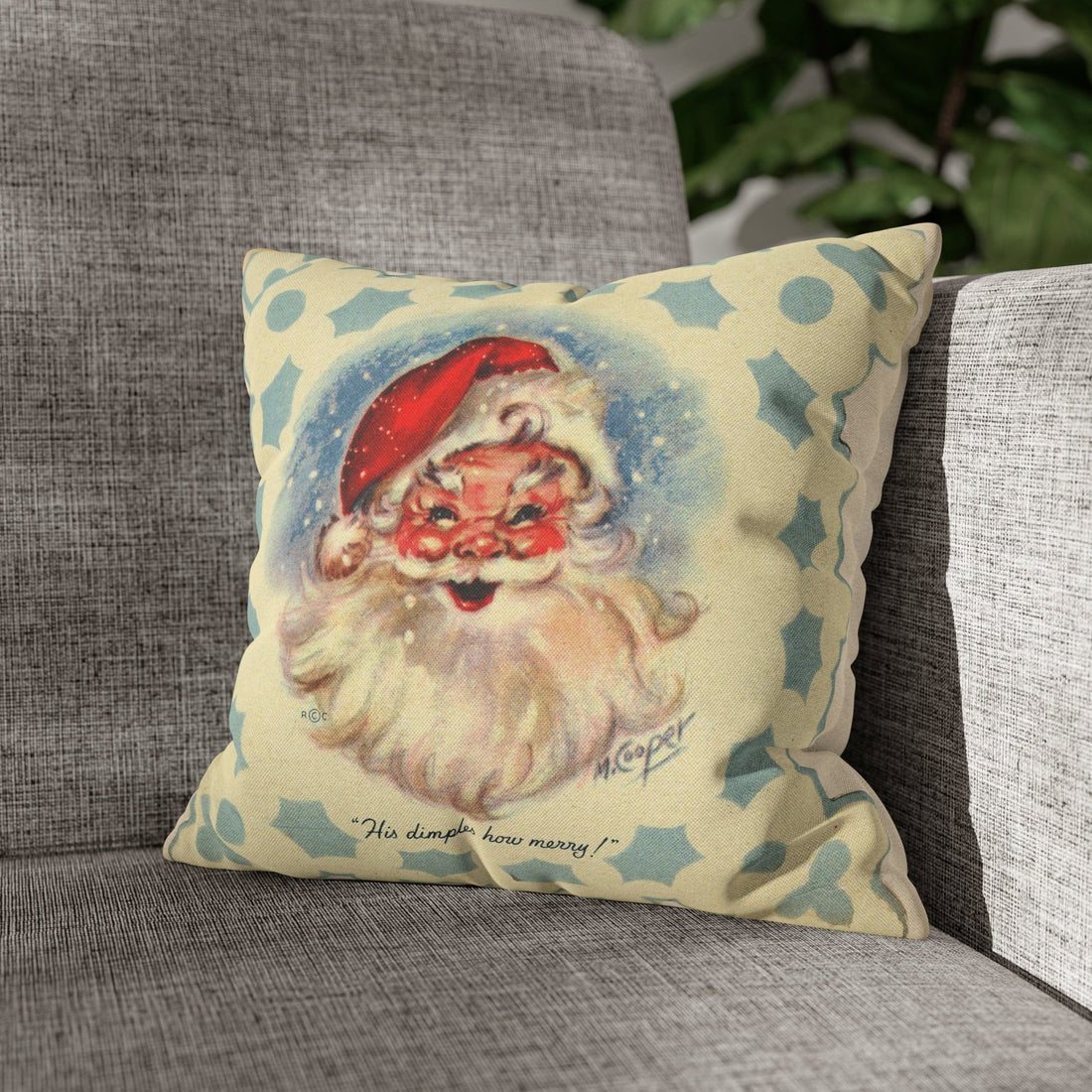 Vintage Santa, Christmas Snowflake, Smiling Santa Pillow Cover Home Decor 14&quot; × 14&quot;