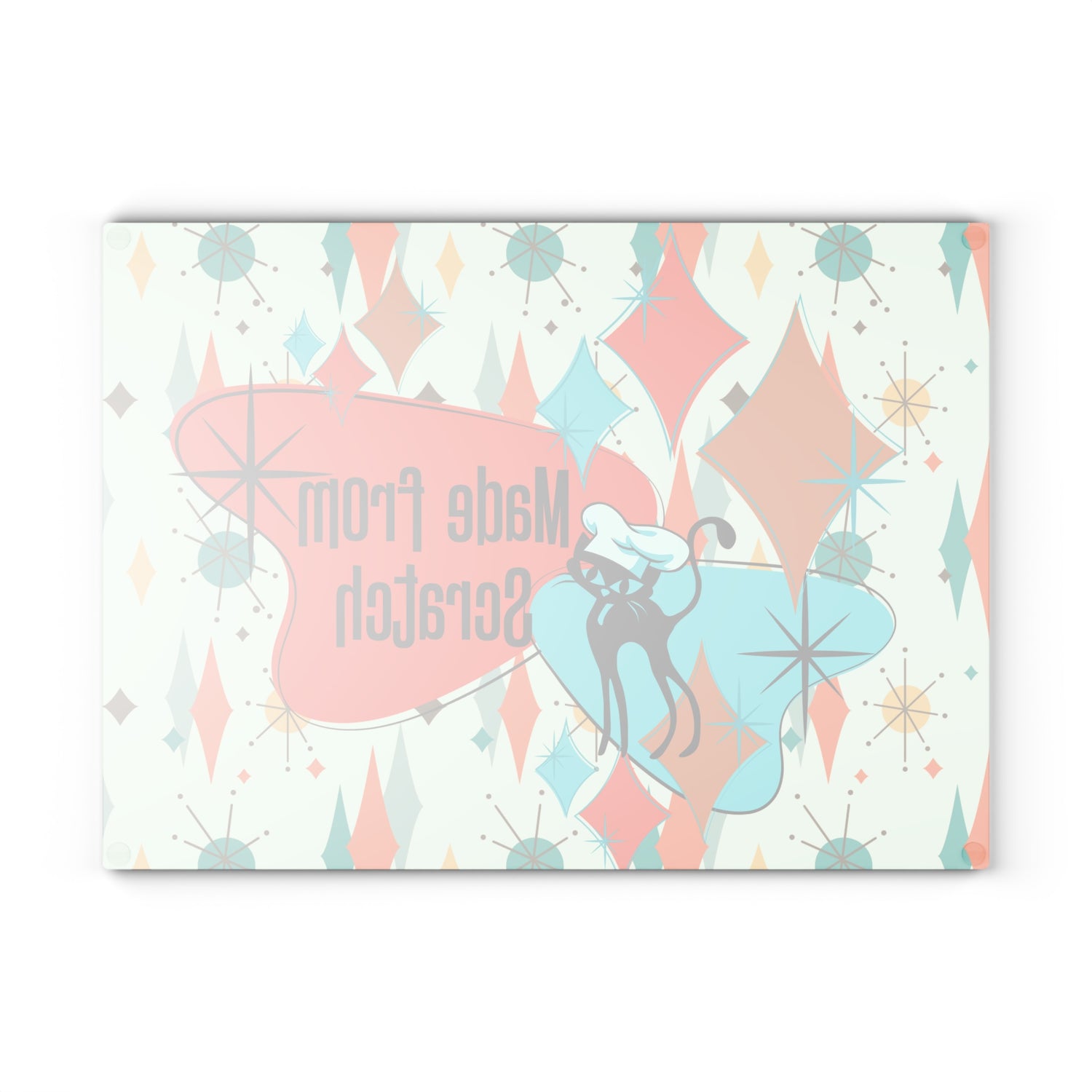 Mid Century Modern Glass Cutting Board, Atomic Cat, Made From Scratch Housewarming Gift, In Francisan Starburst Pattern - Mid Century Modern Gal
