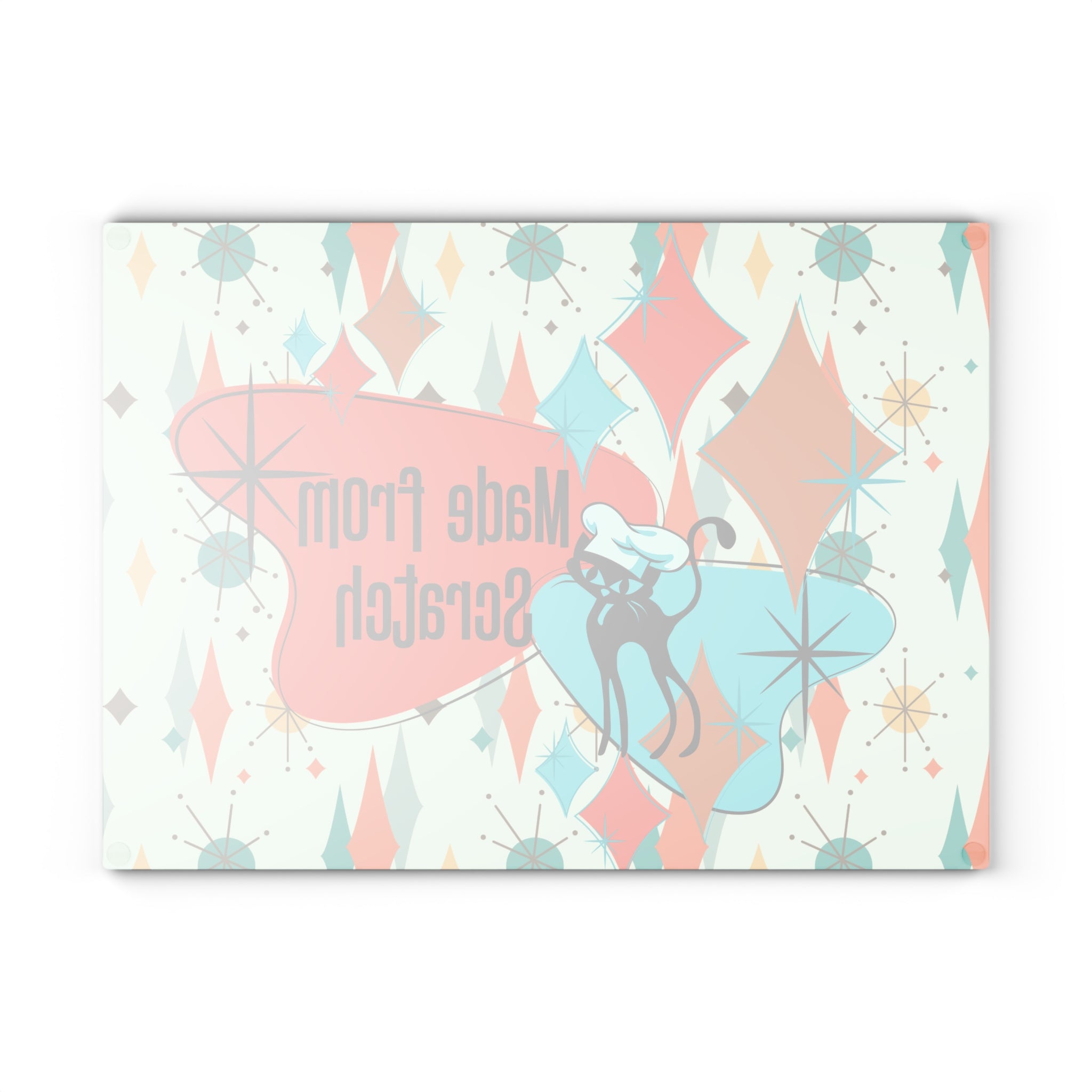 Mid Century Modern Glass Cutting Board, Atomic Cat, Made From Scratch Housewarming Gift, In Francisan Starburst Pattern - Mid Century Modern Gal