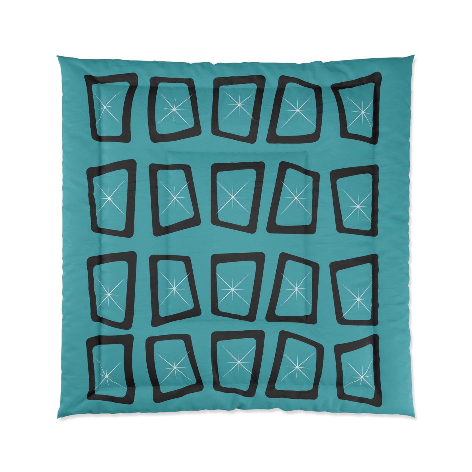 Mid Century Modern Teal Blue Black Geometric StarburstStar Comforter – Modern Bedding for Cozy Spaces - Mid Century Modern Gal
