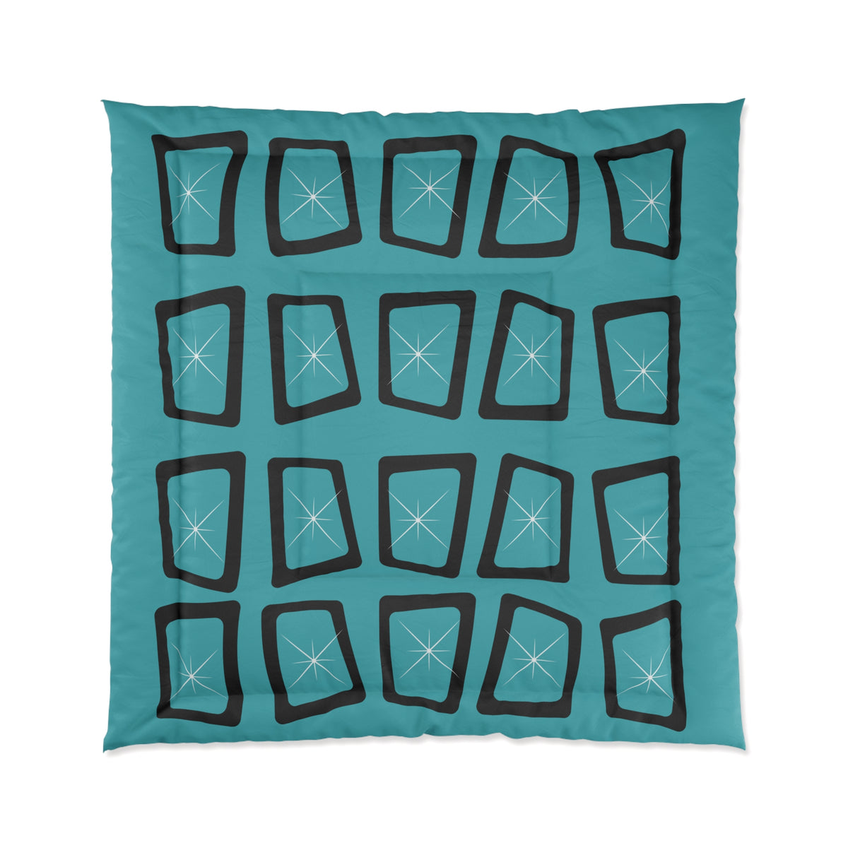 Mid Century Modern Teal Blue Black Geometric StarburstStar Comforter – Modern Bedding for Cozy Spaces - Mid Century Modern Gal
