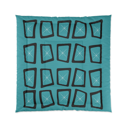 Mid Century Modern Teal Blue Black Geometric StarburstStar Comforter – Modern Bedding for Cozy Spaces - Mid Century Modern Gal