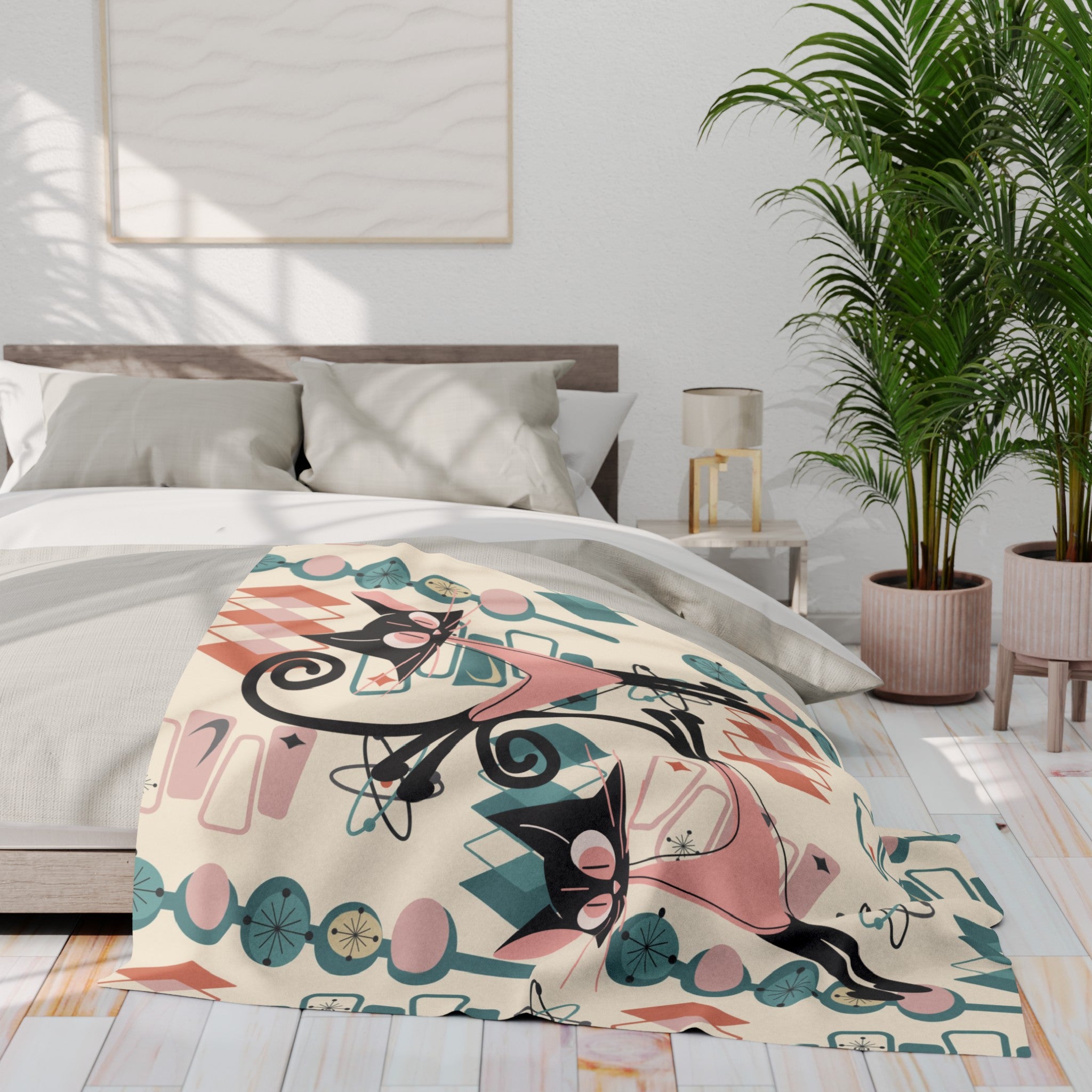 Atomic Cat Mid Century Modern Blanket, Kitschy Fun Quirky MCM Home Decor Lightweigt Fleece Blanket