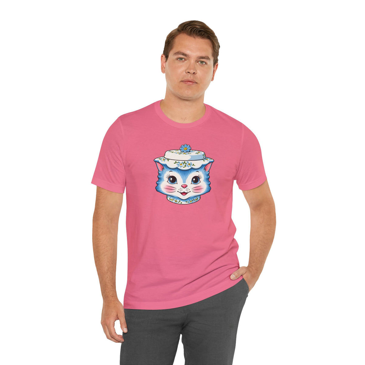 Mid Century Modern Kitschy Anthropomorphic Blue Cat with Floral Hat Unisex T-Shirt