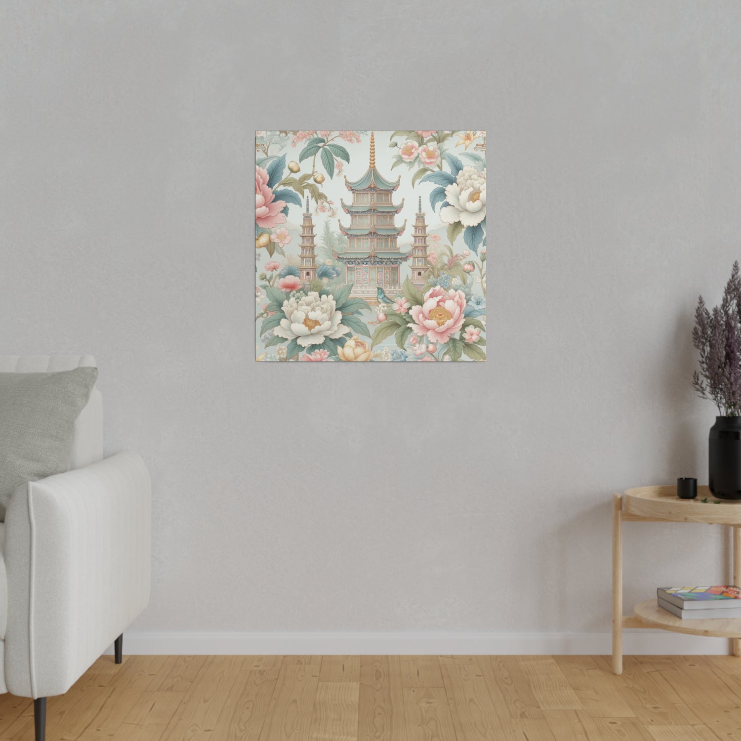 Chinoisere Wall Art, Beautiful Exotic Pagoda, Pastels, Florals, Roses, Blue Birds, Southern Home Style Wall Art