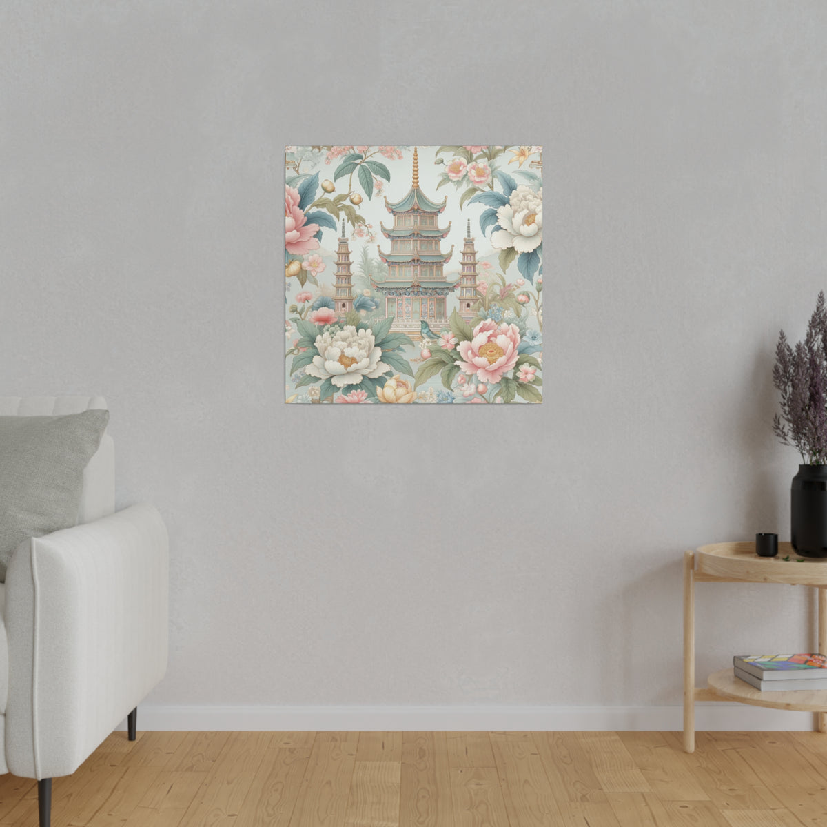 Chinoisere Wall Art, Beautiful Exotic Pagoda, Pastels, Florals, Roses, Blue Birds, Southern Home Style Wall Art - Mid Century Modern Gal
