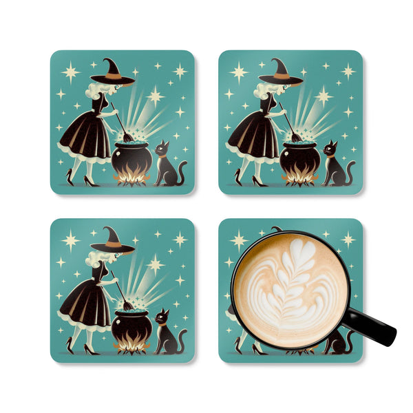 Witch's Brew Mid Century Modern Halloween Gothic Teal Corkwood Coaster Set