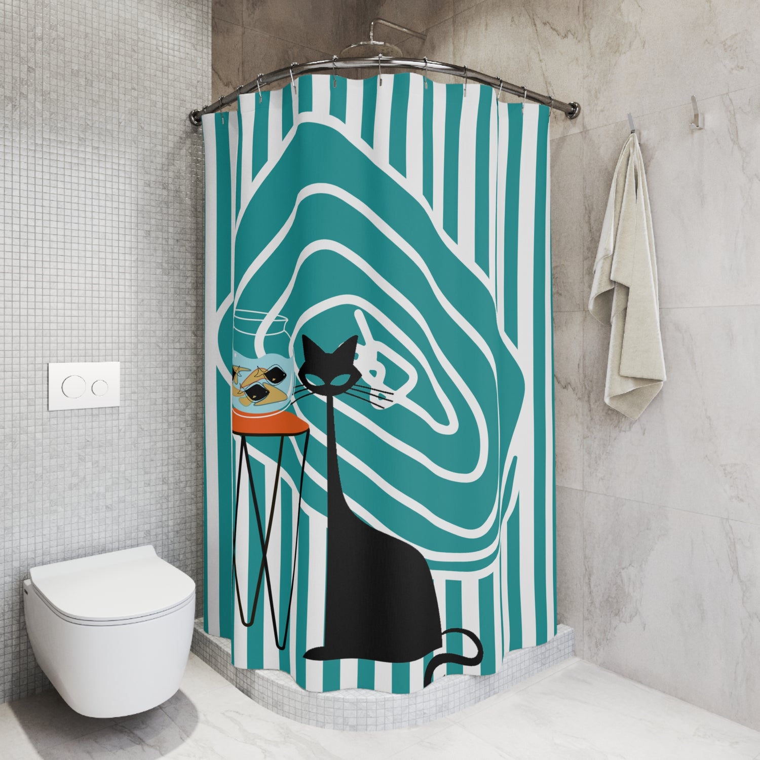 Atomic Cat Mid Century Modern Fish Art Modern Cat Shower Curtain – Vintage Aqua Stripes &amp; Whimsical Design - Mid Century Modern Gal