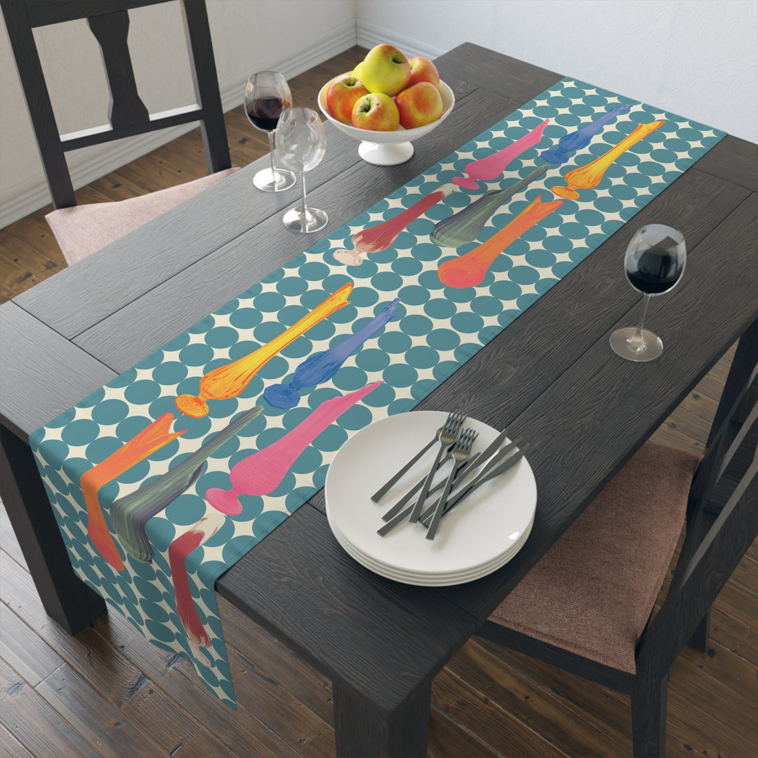 Mid Century Modern Swung Glass Retro Dots, Colorful Patterned Table Runner for Festive Dining - Mid Century Modern Gal