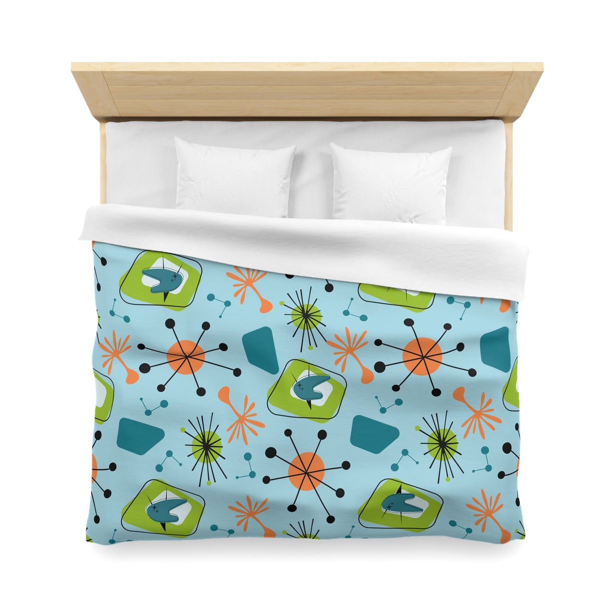 Mid Century Modern Duvet Cover, Atomic Starbursts Boomerangs, Orange, Blue, Green  Duvet Cover - Mid Century Modern Gal