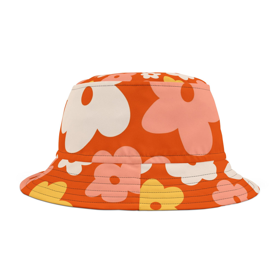 Retro 70s Flower Power  Floral Bucket Hat - Vibrant Summer Style for Festivals and Casual Outings - Mid Century Modern Gal