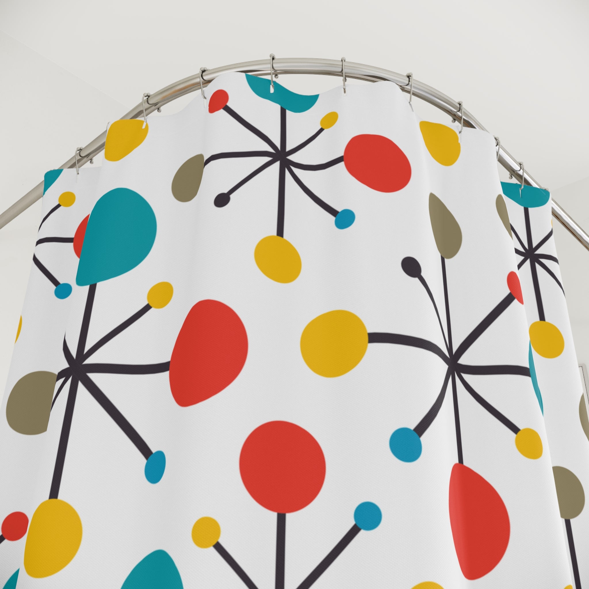 RETRO Atomic Mid Century Modern Teal, Green, Yellow, Starburst Clock MCM Home Decor Shower Curtains - Mid Century Modern Gal