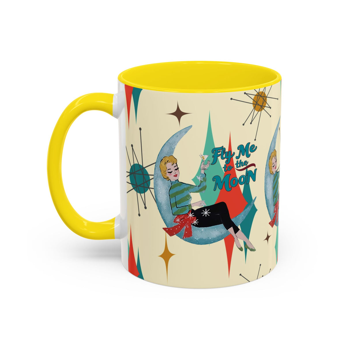 Mid Century Modern retro coffee mug featuring a vintage design with a woman on a moon and starbursts, perfect for Christmas.
