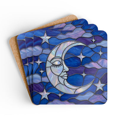 Halloween Stained Glass Style Night Sky Crescent Moon Stars Clouds Corkwood Coaster Set