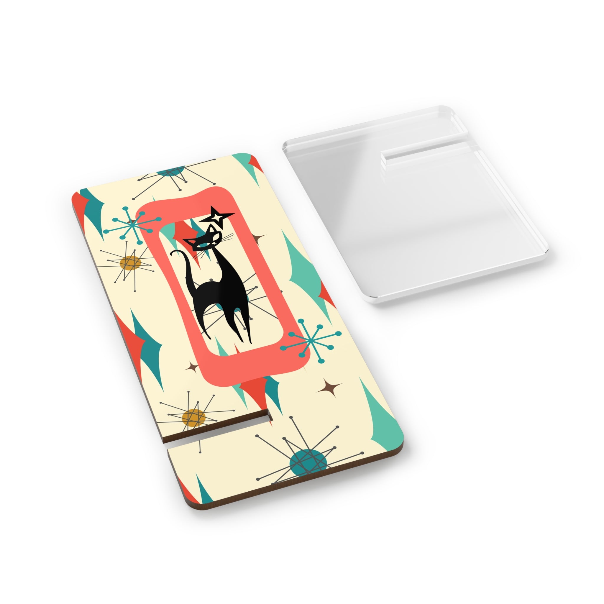 Atomic Cat Franciscan Starburst Retro Cat Mobile Display Stand – Chic Smartphone Holder with Vintage Design - Mid Century Modern Gal