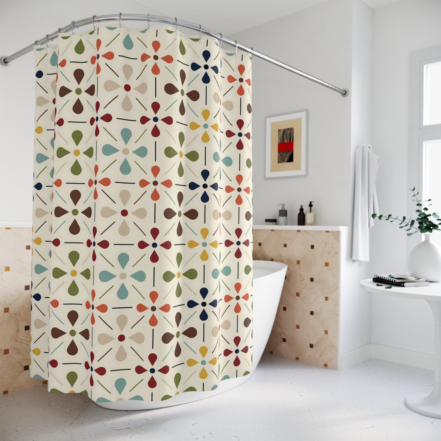 Scandinavian Floral Mid Century Modern  Shower Curtain - Vintage-Inspired Bathroom Decor - Mid Century Modern Gal