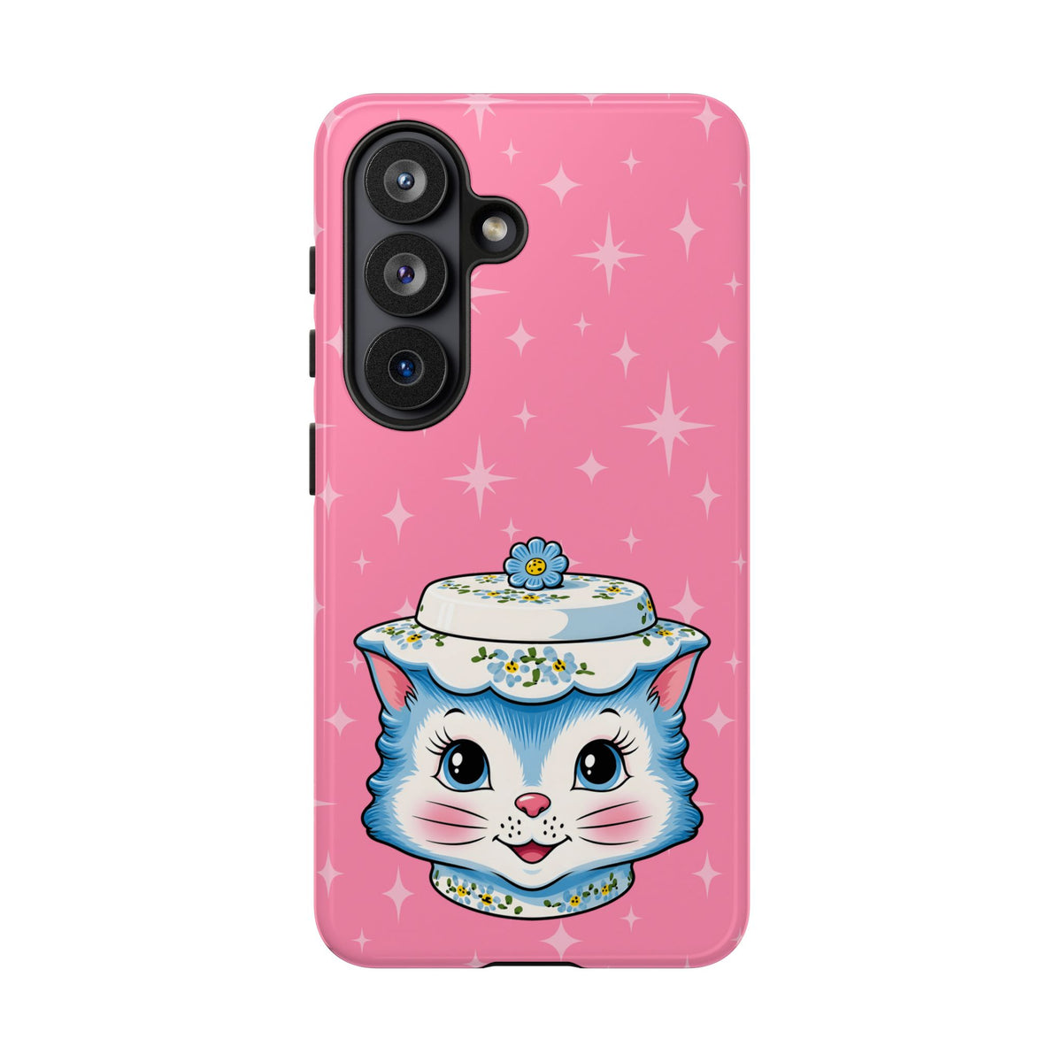 Mid Century Modern Kitschy Anthropomorphic Blue Cat with Floral Hat Tough Phone Case