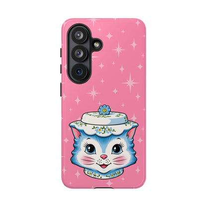 Mid Century Modern Kitschy Anthropomorphic Blue Cat with Floral Hat Tough Phone Case