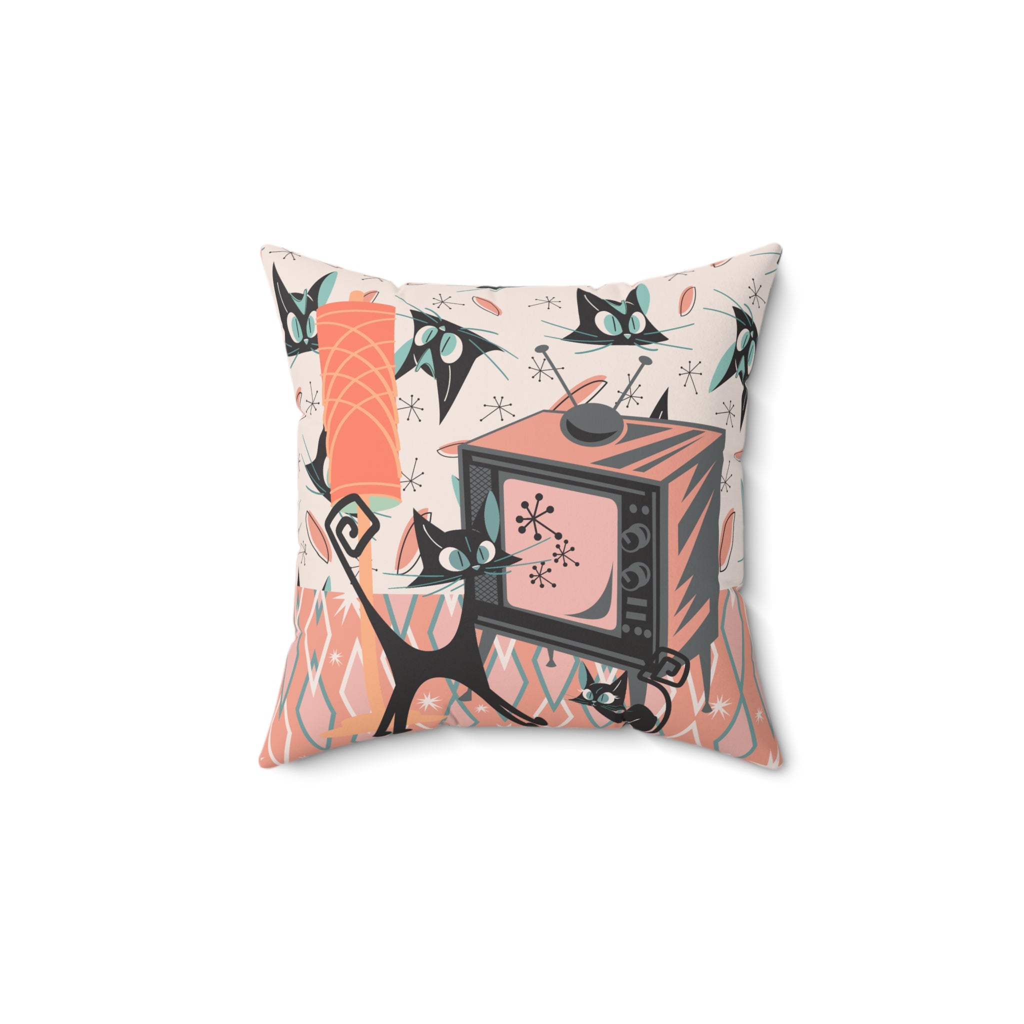 Atomic Cat Pillow, Retro TV, Kitschy Fun, Whimsical Quirky 50s Mid Century Modern Pillow And Insert, Coral Pink, Teal, Creamy Beige