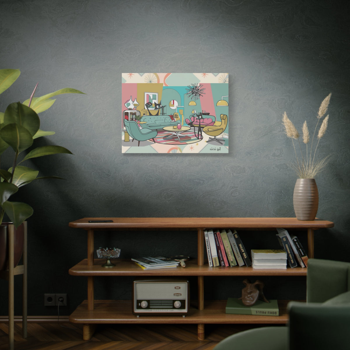 Mid-Century Modern Atomic Cat Kitschy Mod Living Room, Aqua, Pink, Starburst Original Art By MCM GAL - Mid Century Modern Gal
