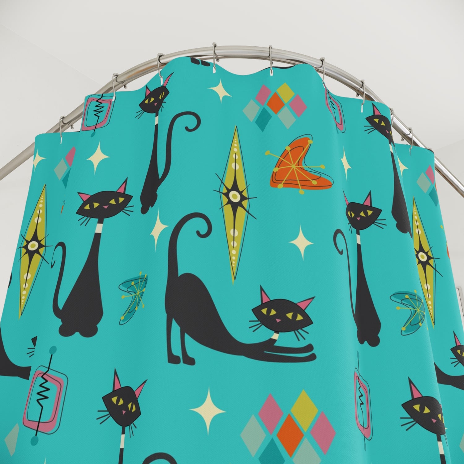 Atomic Cats Starbursts Boomerangs Kitschy Mod Retro Cat Shower Curtain - Mid Century Modern Gal