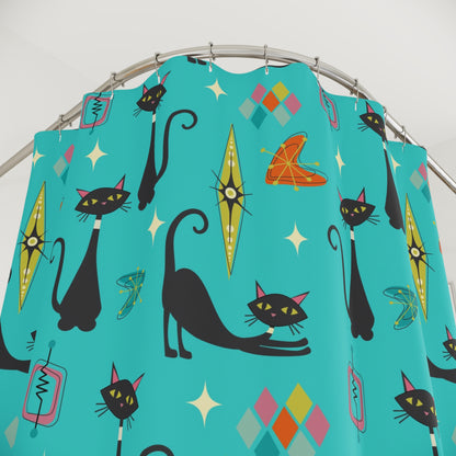 Atomic Cats Starbursts Boomerangs Kitschy Mod Retro Cat Shower Curtain - Mid Century Modern Gal