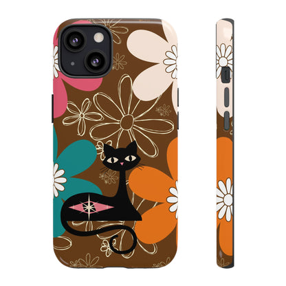 Atomic Cat Retro 70s Vibe Flower Power Tough Cases: Cute Floral and Cat Phone Case for Cat Lovers