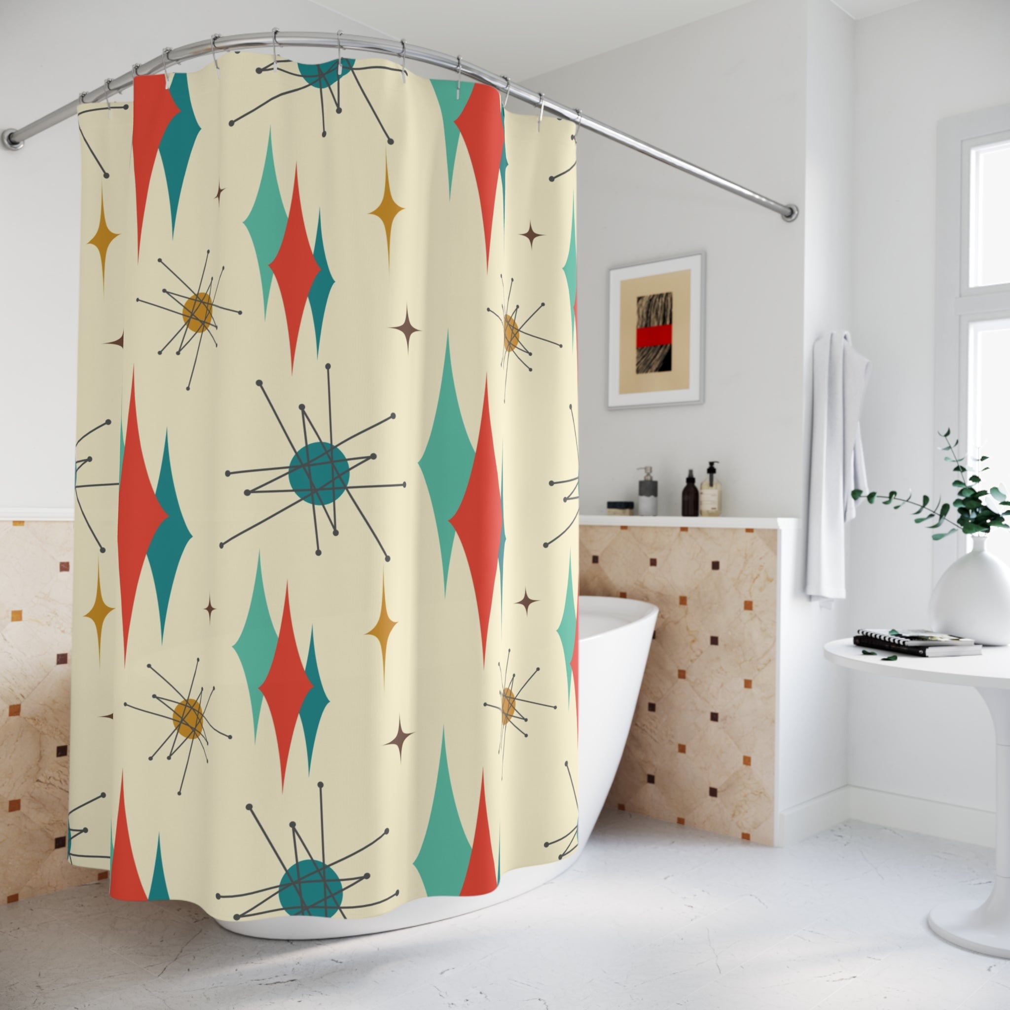 Atomic Franciscan Starburst Retro Shower Curtain - Mid-Century Modern Design for Stylish Bathrooms - Mid Century Modern Gal