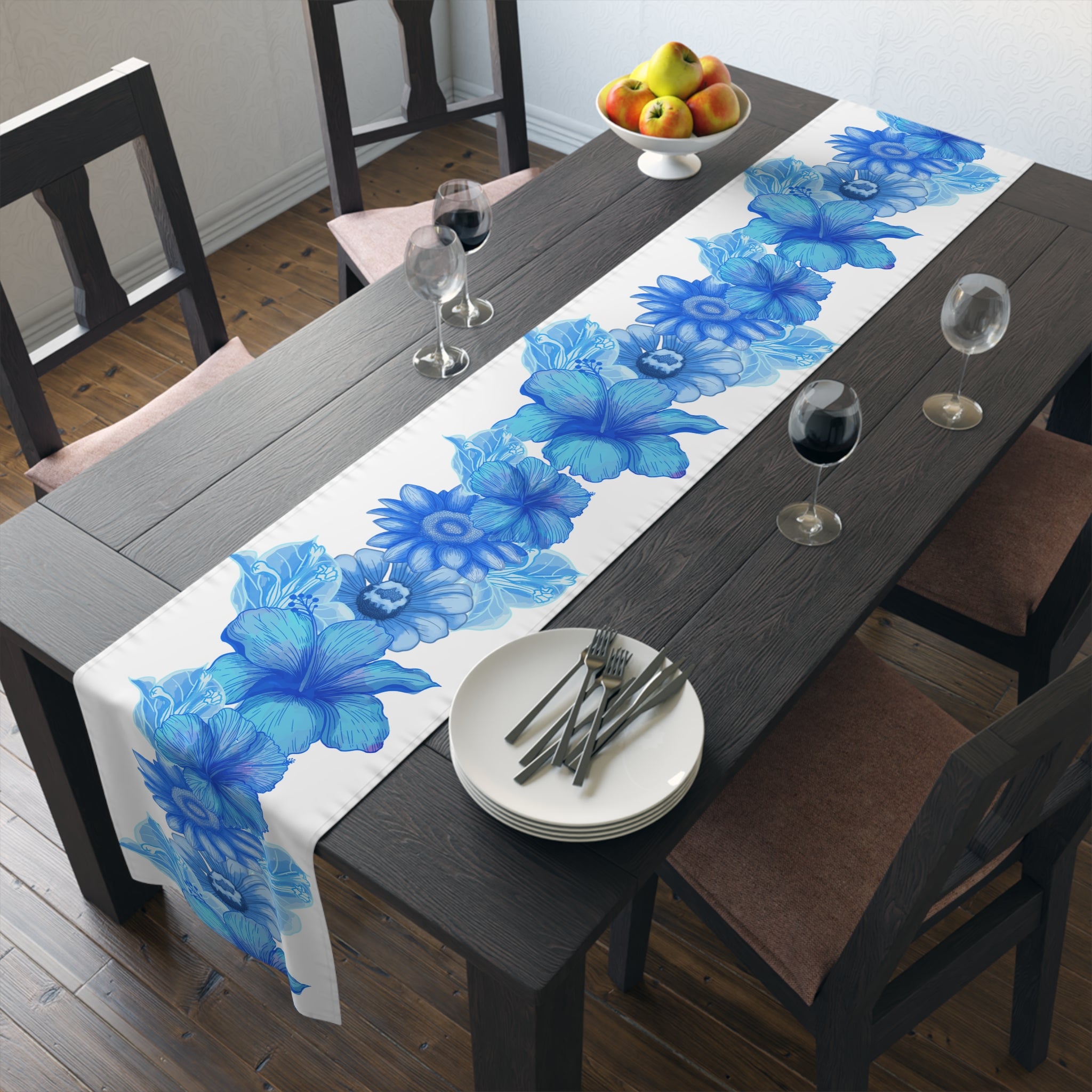 Chinoiserie, Blue And White, Tropical Floral, Hibiscus, Daisy, Dining Room, Kitchen, Side Board Table Wedding Table Runner