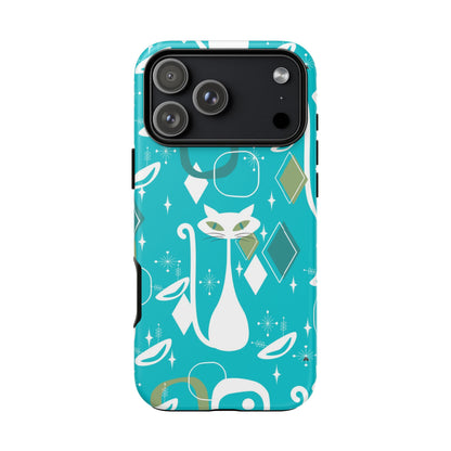 Atomic Cat Space Designs, Mid Century Modern, Aqua, White Kitschy Cat Tough Phone Case