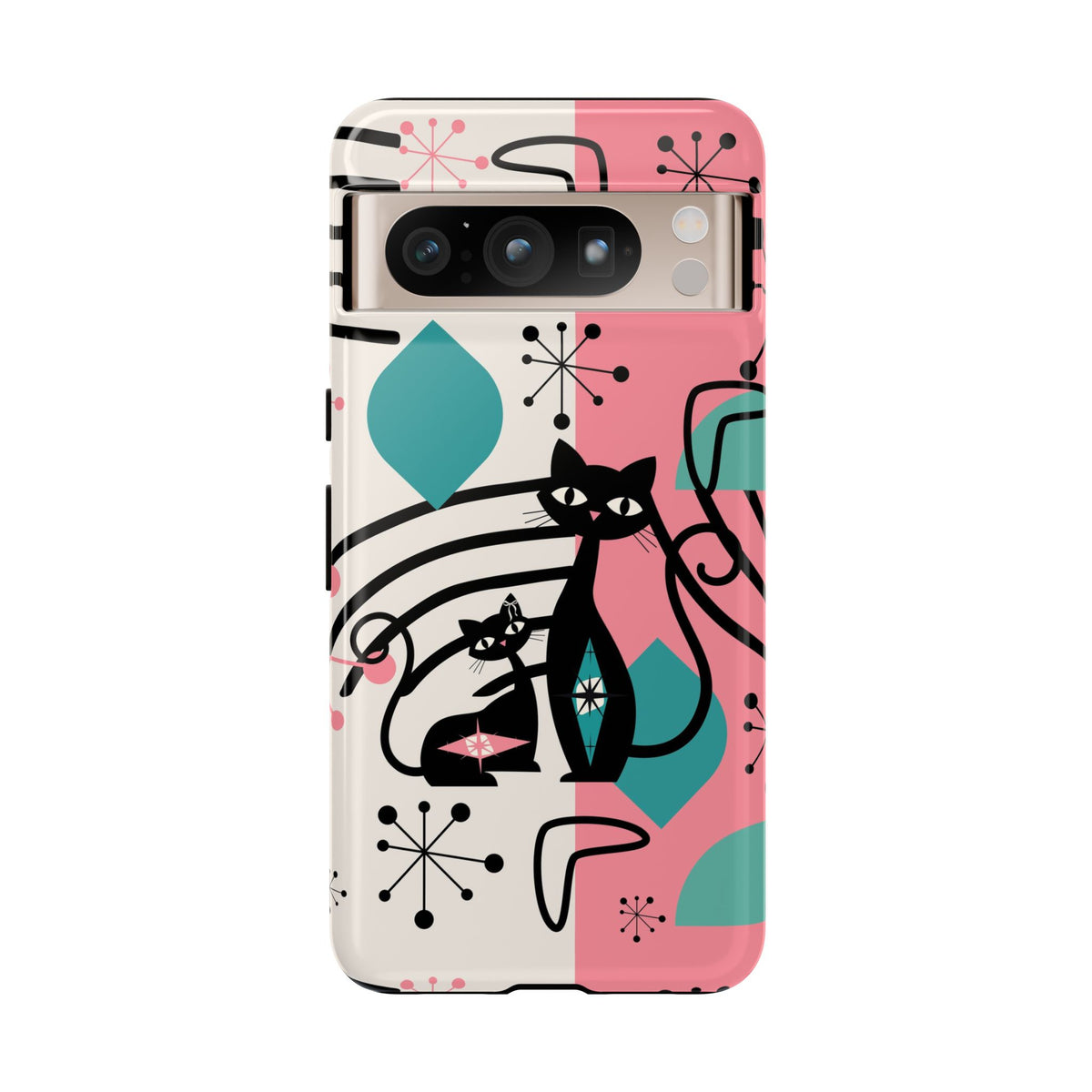 Mid Mod Atomic Cat Boomerang Starburst, Pink, Black Kitschy Stylish Cat Phone Case: Modern Design for Cat Lovers