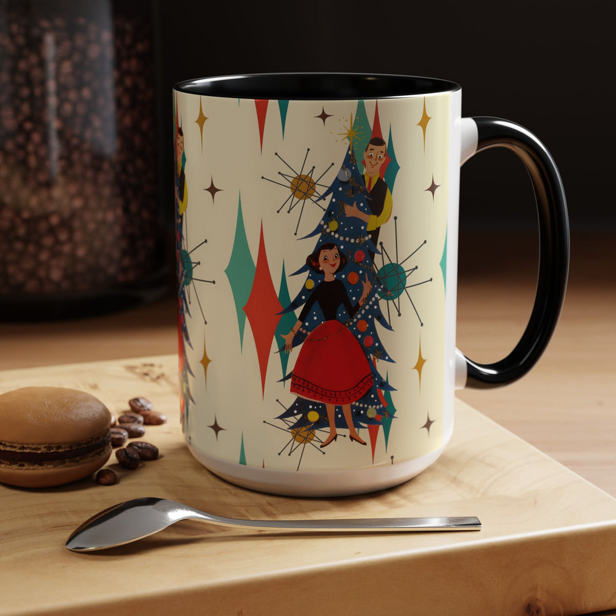 Mid Century Modern 50s Kitsch Christmas starburst coffee mug featuring festive characters and retro designs in vibrant colors.