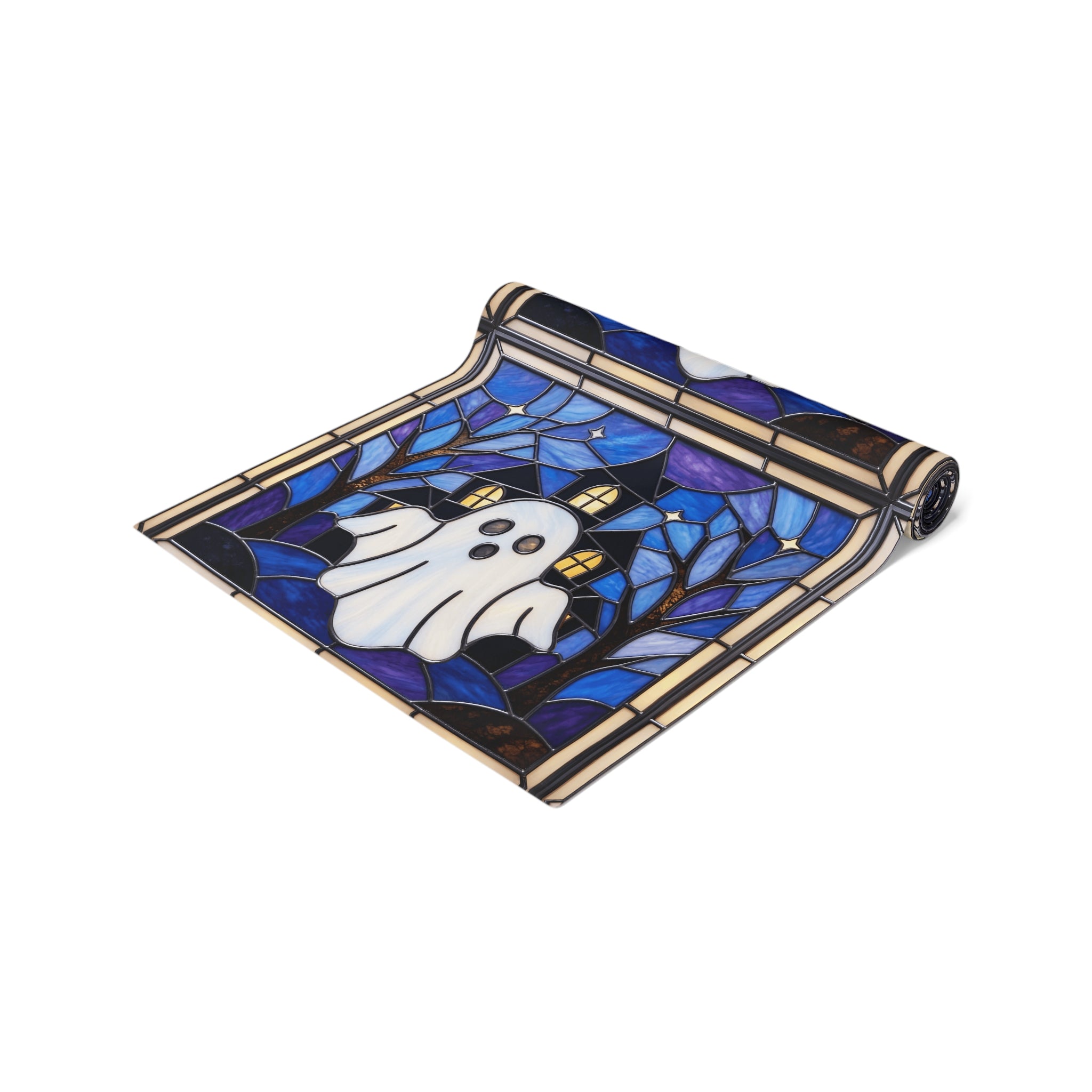 Halloween Stained Glass Style Ghost Haunted House Table Runner