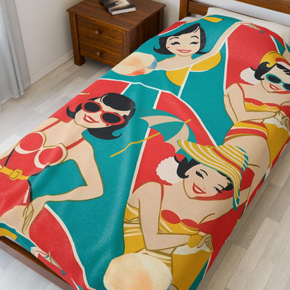 Summer Mod Retro Beach Babe Vintage Girls  Thin Lightweight Velveteen Plush Blanket - Mid Century Modern Gal