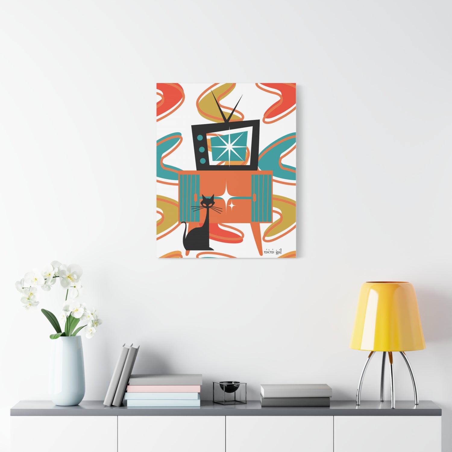 Atomic Cat Wall Art, Mid Century Modern Boomerang Kitschy Colorful Retro Cat Art Canvas - Mid Century Modern Gal