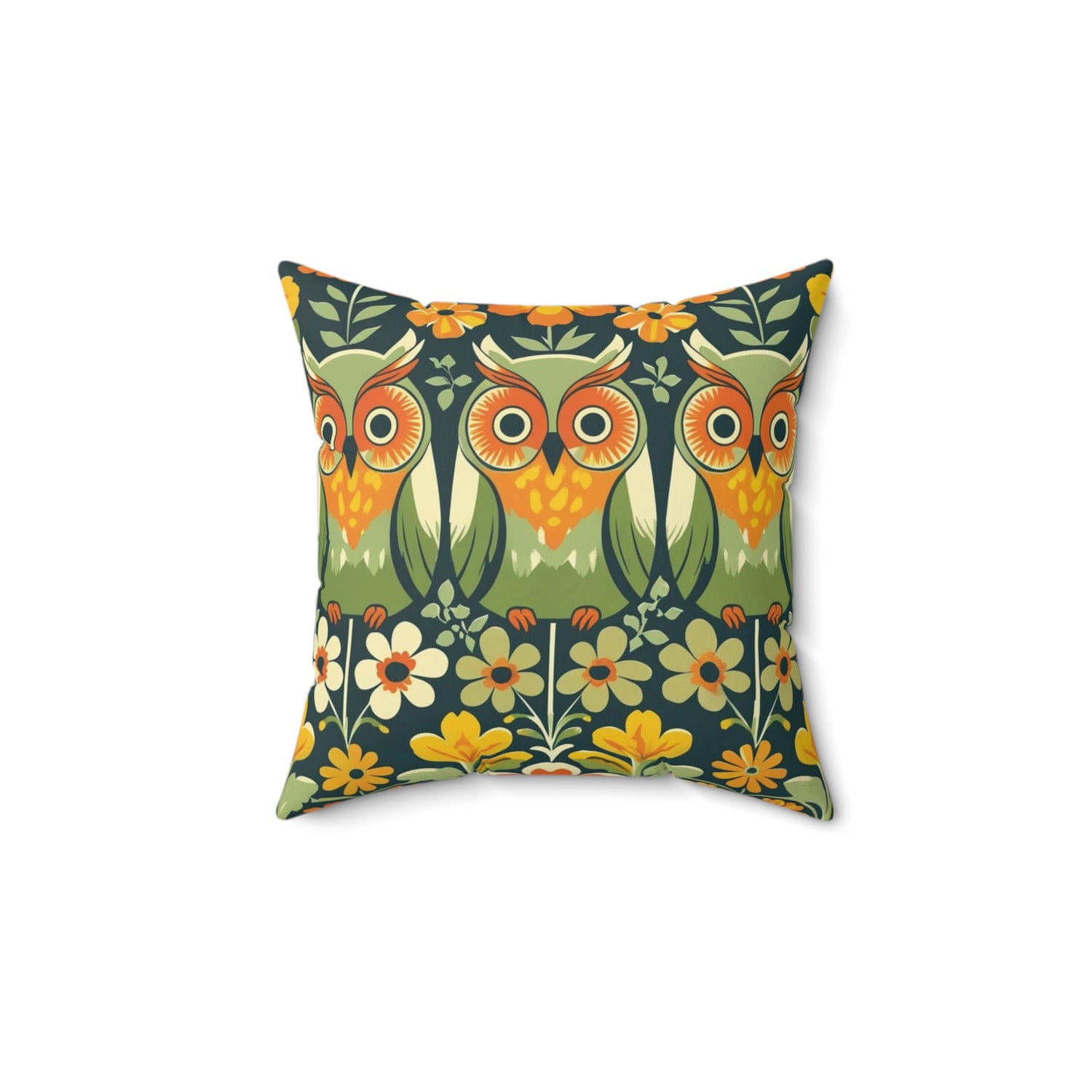 Retro Owl Flower Power Groovy 70s Floral Green, Orange Fall Pillow And Insert - Mid Century Modern Gal