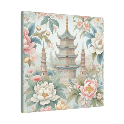 Chinoisere Wall Art, Beautiful Exotic Pagoda, Pastels, Florals, Roses, Blue Birds, Southern Home Style Wall Art