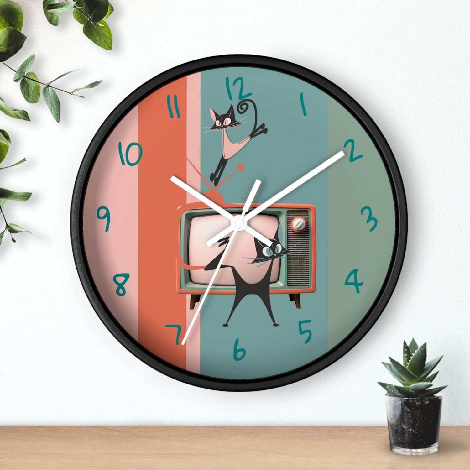 Atomic Cat Wall Clock, Mid Century Modern TV, Kitschy Black Cats, Whimsical Retro Cat Mom Gift For Bedroom, Livingroom, Kitchen