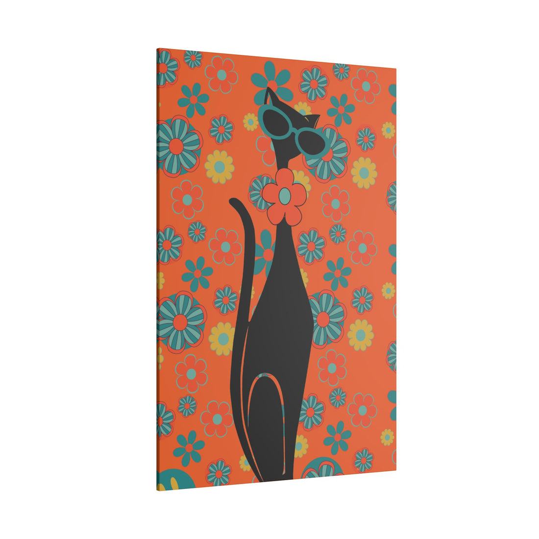 Atomic Cat, Flower Power, Retro 70s Whimsical Cat Wall Art Canvas - Colorful Floral Design, Home Décor - Mid Century Modern Gal