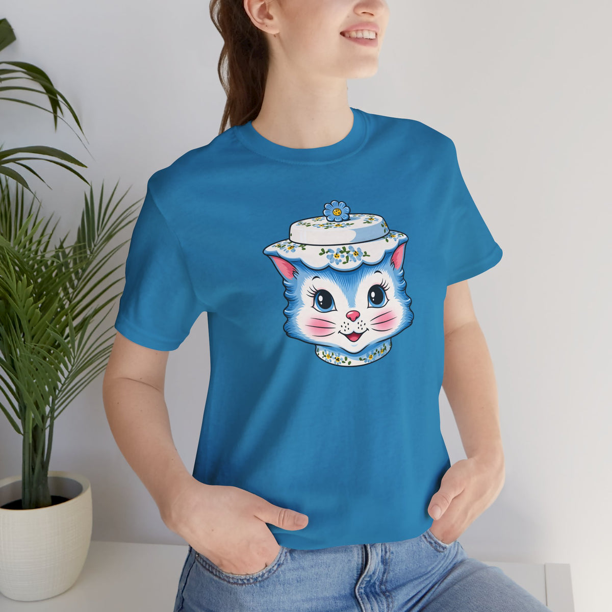 Mid Century Modern Kitschy Anthropomorphic Blue Cat with Floral Hat Unisex T-Shirt