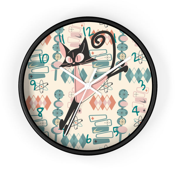 Atomic Cat Wall Clock, Mid Century Modern Kitschy Kitchen, Bedroom Livingroom Clocks