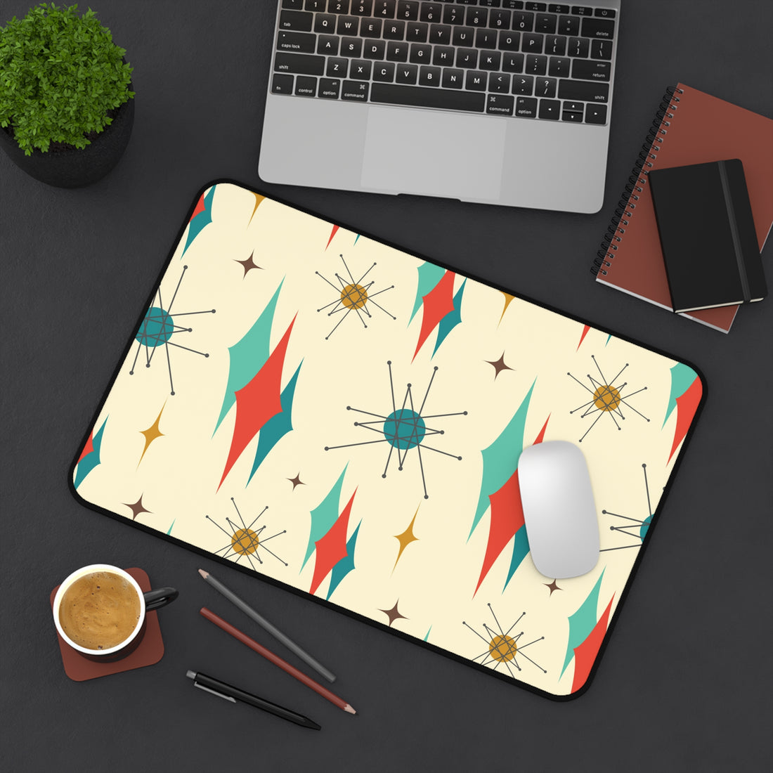 Franciscan Starburst Mid Century Modern Retro-Inspired Desk Mat with Geometric Print - Stylish Workspace Decor - Mid Century Modern Gal