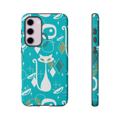 Atomic Cat Space Designs, Mid Century Modern, Aqua, White Kitschy Cat Tough Phone Case