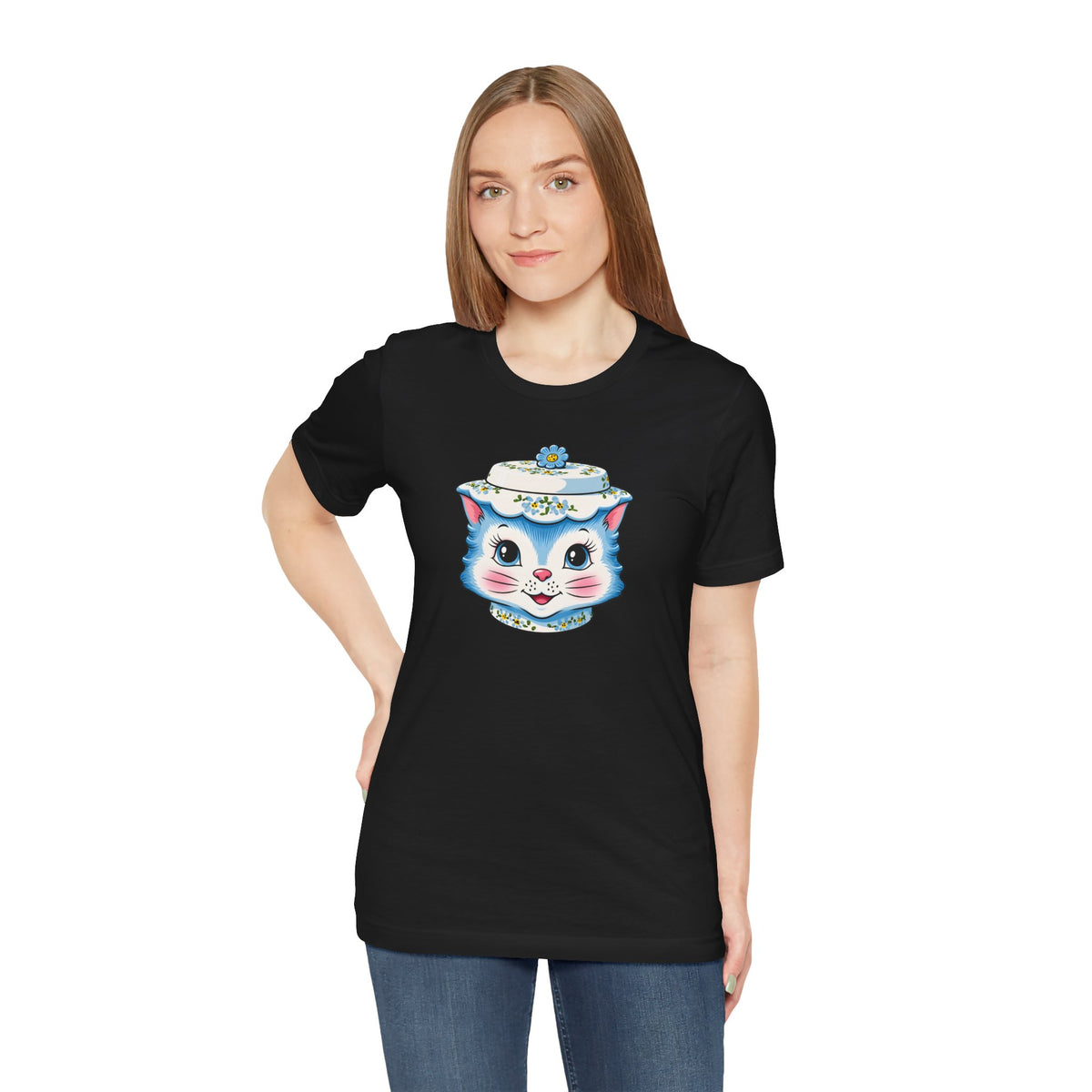 Mid Century Modern Kitschy Anthropomorphic Blue Cat with Floral Hat Unisex T-Shirt