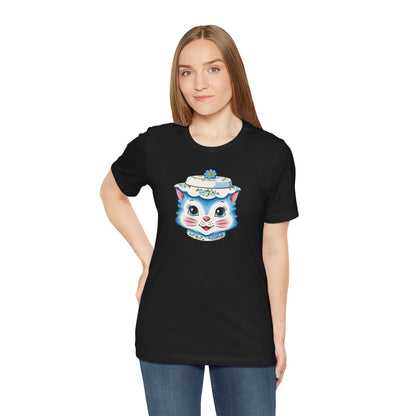 Mid Century Modern Kitschy Anthropomorphic Blue Cat with Floral Hat Unisex T-Shirt