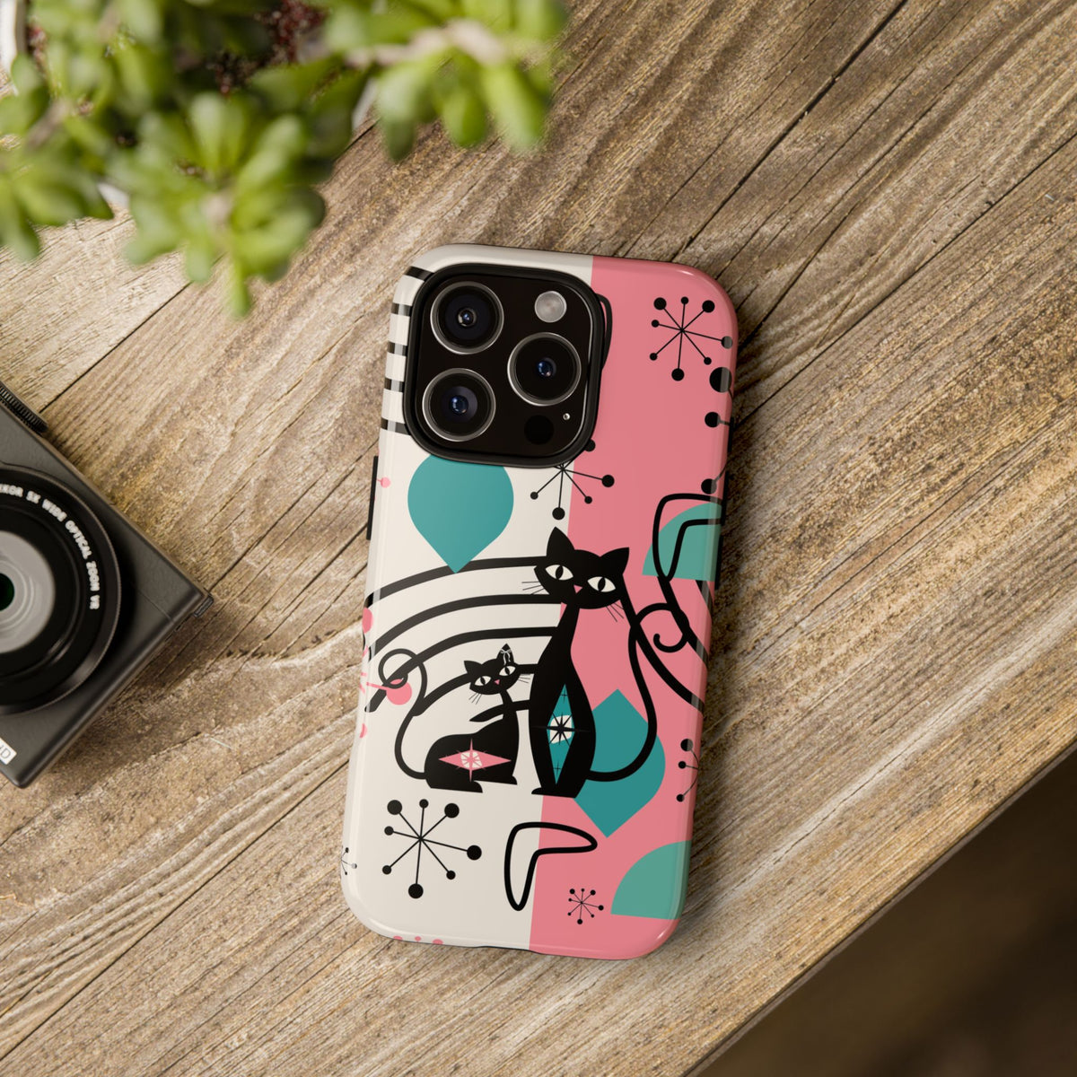 Mid Mod Atomic Cat Boomerang Starburst, Pink, Black Kitschy Stylish Cat Phone Case: Modern Design for Cat Lovers