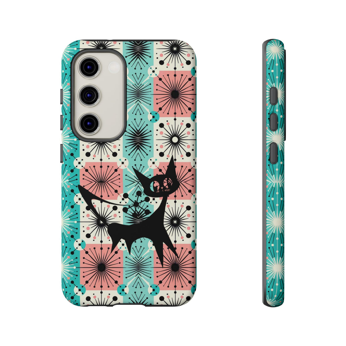 Atomic Kitschy Cat, Mid Century Modern Pink, Aqua Starbursts Tough Phone Case