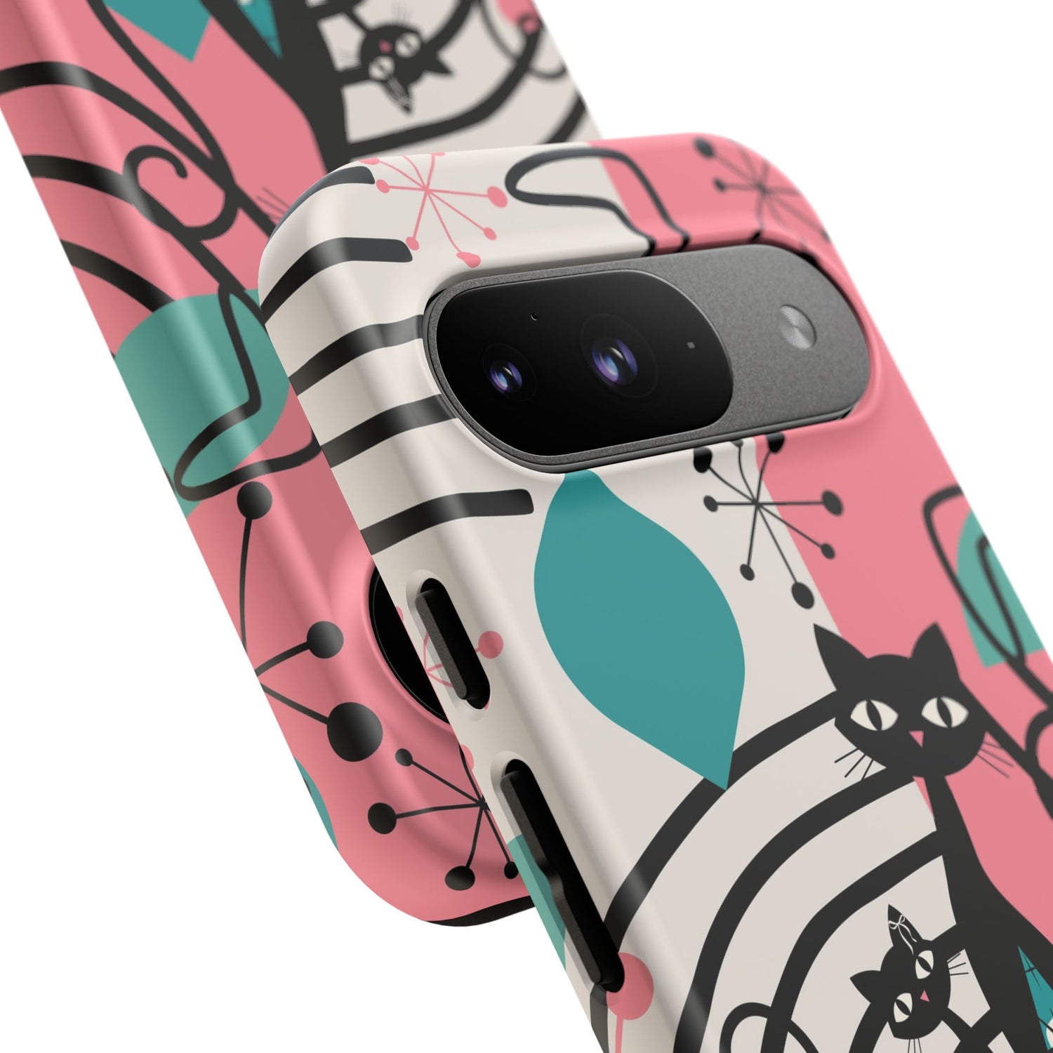 Mid Mod Atomic Cat Boomerang Starburst, Pink, Black Kitschy Stylish Cat Phone Case: Modern Design for Cat Lovers