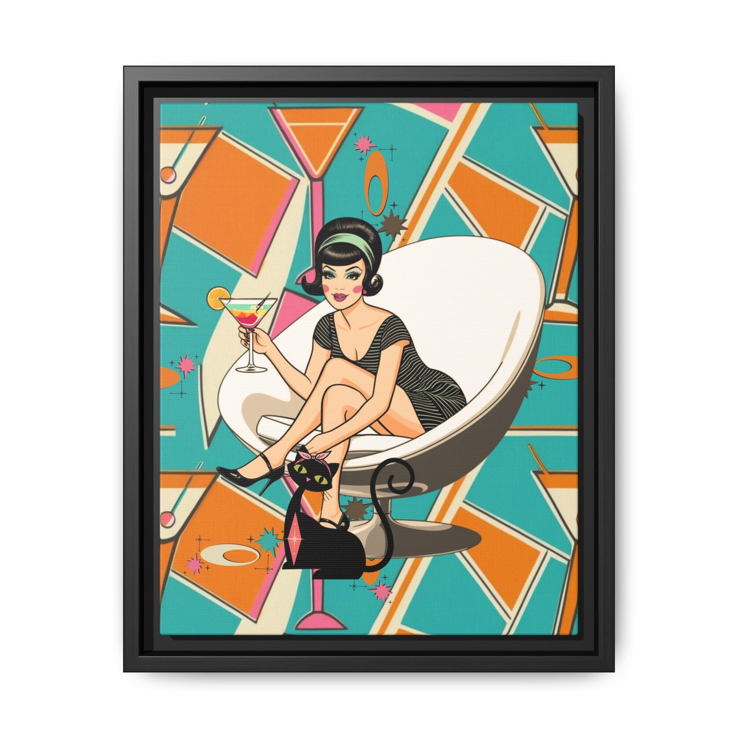 Mid Mod 60s Gal, Atomic Cat Barware Wall Art - Framed Matte Canvas with Vintage Cocktail And Retro Cat Design - Mid Century Modern Gal
